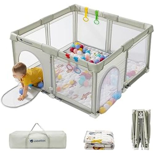 Foldable Baby Playpen with Mat, Foldable Playpen for Babies and Toddlers,Folding Portable Kids Play Pen, Collapsible Play Yard with 4 Handles,Indoor & Outdoor Baby Play Area with Breathable Mesh