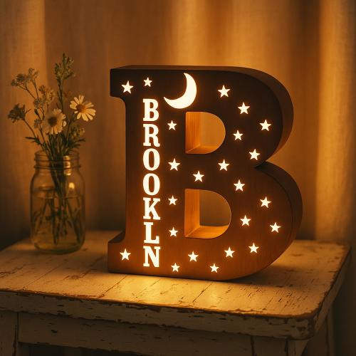 Personalized Wooden Night Light: Custom Name Initial LED Nursery Lamp