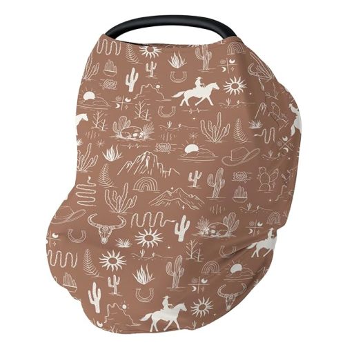 Western Cowboy Car Seat Cover for Babies Wild West Cactus Mountain Snake Cattle Skull Sun Stretchy 5-in-1 Covers Adjustable Car Canopy Breastfeeding Cover Desert Adventure Breathable Nursing Cover-Up