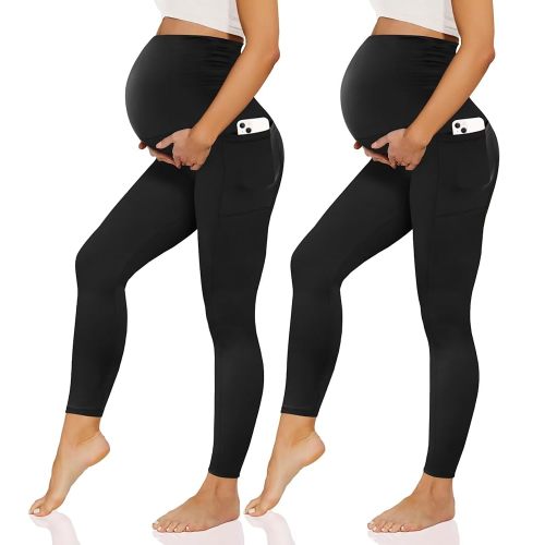 Happy.angel 2/3/4 Pack Maternity Leggings with Pockets Over the Belly, Womens Black Workout Yoga Pregnancy Pants