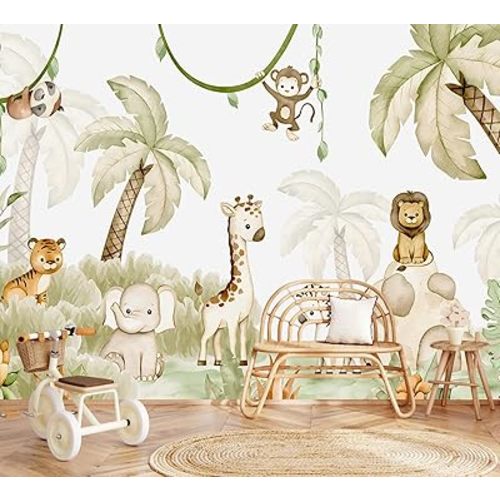 Safari Wallpaper Peel and Stick Tropical Animal Wall murals for Nursery Kids Room