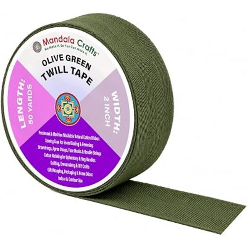 Mandala Crafts 2 Inch Wide Olive Green Cotton Twill Tape Ribbon, 50 YDs
