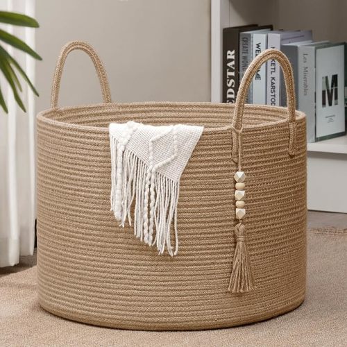 Goodpick Large Wicker Laundry Basket Jute Woven Basket for Clothes, Shoes, Towels, Decorative Storage Basket in Living Room, Bathroom, Entryway, Round Toy Basket 17.7 x 12.6 Inches, Jute