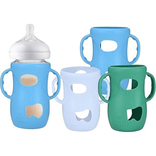 3 pack silicone sleeves for philips avent natural baby bottle - anti breakage bottle holder with handle for avent glass bottles, compatible with 8 oz philips avent bottle for baby self feeding