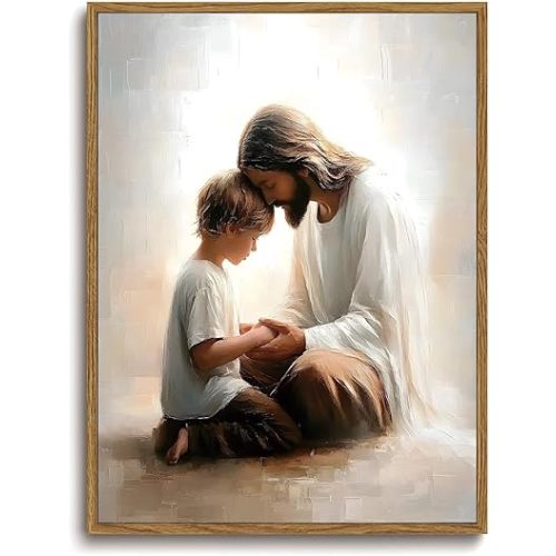 KISSFOX Jesus Canvas Wall Art Jesus and Little Boy Framed Wall Art Christian Religious Serenity Prayer Art Prints Artwork For Prayer Living Room Bedroom Kitchen Boy Room, 12x16 inch