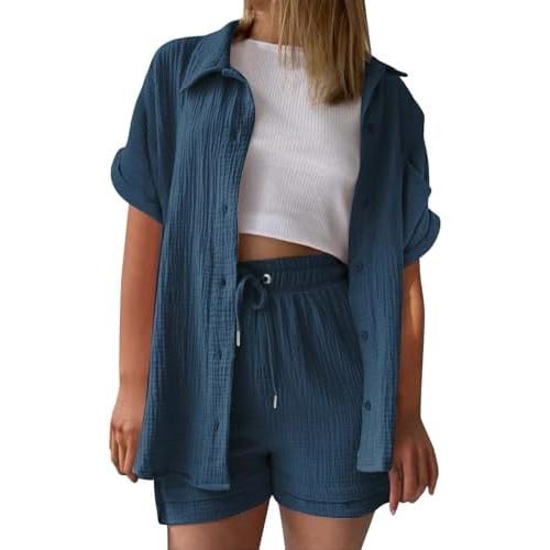 Plus Size Linen Sets for Women 2 Piece Outfits Womens Clothing Set Summer Muslin Shirt & Drawstring Gauze Shorts