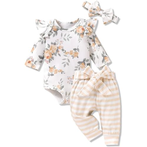 Aalizzwell Preemie Newborn Infant Baby Girls Clothes Ribbed Romper Bodysuit Pants Set Fall Winter Outfits