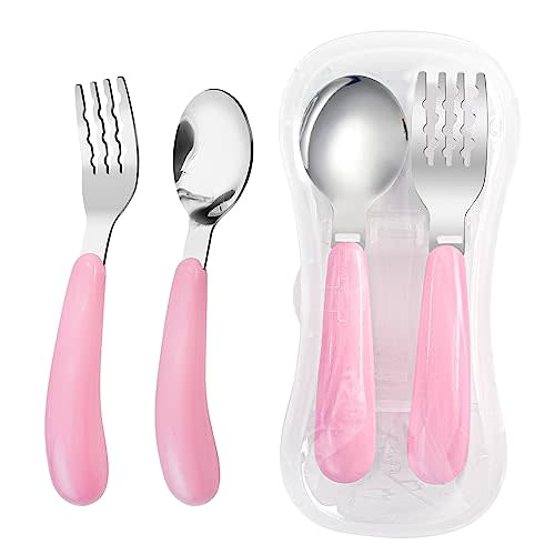 VANRA 2 Pieces Toddler Fork and Spoon Set with Travel Case 18/8 Stainless Steel Toddler Utensils Kids Silverware Children Flatware Child Cutlery Set for School Lunch Box (Pink)