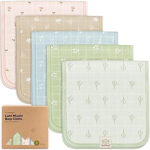 5-Pack Cotton Muslin Burp Cloths Baby Girls, Boys - Soft & Absorbent Spit Up Burp Rags, Large Muslin Towel, Cotton Wash Cloths for Babies, Newborn, Infant, No Shrink, Durable, Neutral (Wild Bloom)