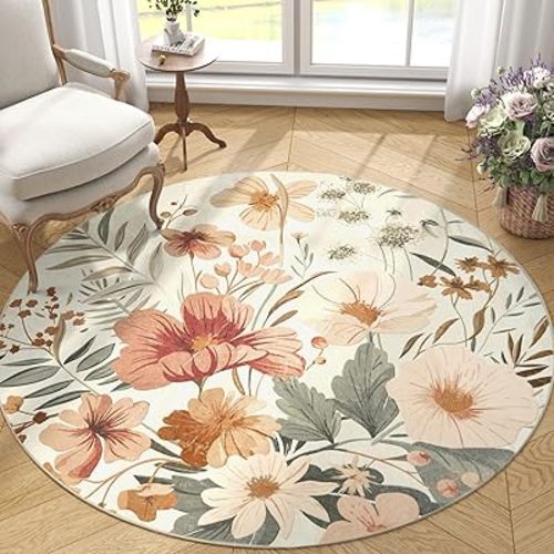 jinchan Floral Round Rug 5ft Area Rug Indoor Circle 5' Round Washable Modern Oriental Flower Print Non Slip Carpet for Living Room Dining Room Bedroom Entryway Office Decor Pink/Grey