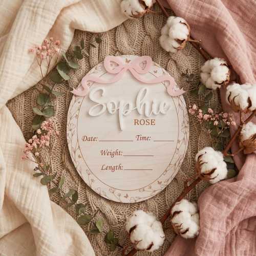 Personalized Bow Baby Girl Birth Announcement Sign, Newborn Photo Prop, Name Announcement Sign For Hospital Newborn, Birth Stat Sign
