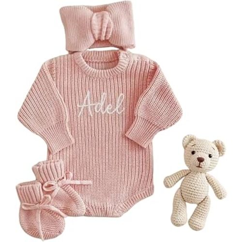Personalized Embroidered Baby Boy Girl Clothes Outfits,Custom Name Baby Romper Set, Cotton Knit Long Sleeve Romper