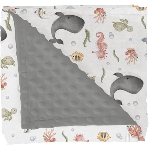 Watercolor Sea Animals Baby Blankets for Girl Boy Whale Dolphin Turtle Jellyfish Coral Soft Mink Dotted Backing Double Layer Swaddle Blanket for Toddler Nursery Ocean Marine Bed Blanket Crib 30x40
