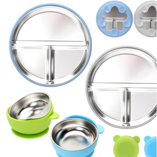 MISSLILI Stainless Steel Baby Plate and Bowls with Suction, Divided Kids Baby Plate and Toddler Bowl with Removable Silicone Suction, Non-Slip Baby Feeding Set Dishwasher Safe，4 Packs