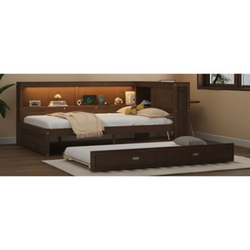 August Grove® Full Size Wood Daybed With Storage Shelves, USB, LED, And Trundle | Wayfair