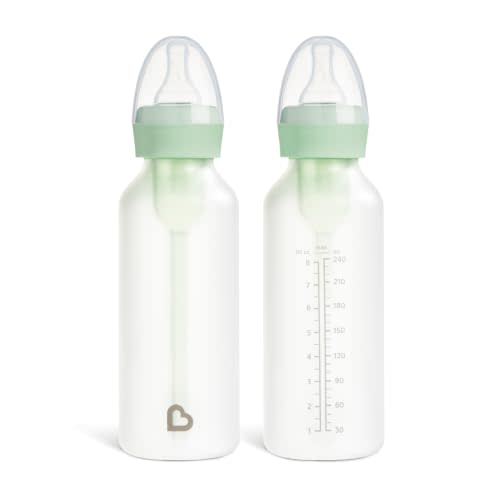 Munchkin Bond Silicone Coated Glass Baby Bottles - Anti-Colic Feeding System with Natural Feel Nipples, 8 Ounce, 2 Pack, Green