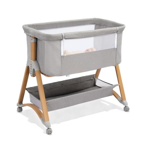 Ktaxon 5 in 1 Baby Bassinet Bedside Sleeper, Rocking Bedside Bassinet with Wheel, Removable Mattress, 6 Adjustable Heights, Large Storage Basket, Airflow Mesh, Fast Folding for Newborn (Light Grey)