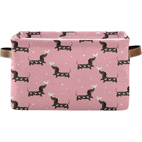 Wamika Pink Love Dachshund Dog Storage Basket Fabric Kitchen Baskets Cute Puppy Open Home Storage Bins Boxes Foldable Organizer Bag for Baby Cloth Pet Toy Book Shelf Closet Baskets 16×12×8 Inches