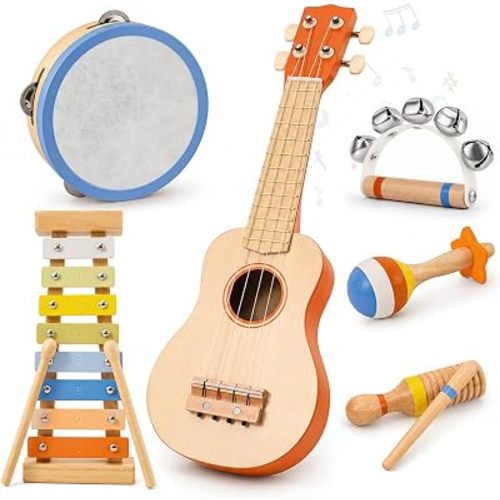Toddler Guitar Musical Instruments Montessori Toys for Baby 2 3 Year Old, Muted Color Wooden Percussion Musical Toy Set with Ukulele Xylophone Tambourine, Birthday for Baby Boy Girl