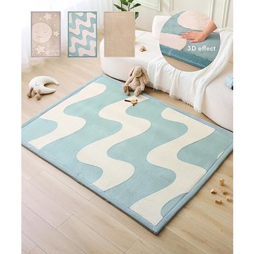Hakuna Matte Premium Baby Playmat for Floor 60" x 80" Waves – Cloudsoft Coral Velvet Memory Foam Rug for Crawling – Non-Slip, Water-Resistant, Non-Toxic, Easy-Care, Thick Play Mat for Baby