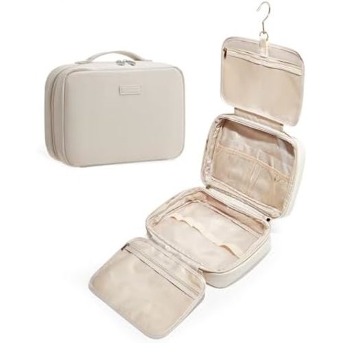 EACHY Travel Toiletry Bag with Hanging Hook, Portable Makeup Cosmetic Bags for Women, Water-Resistant Full-Size Travel Accessories (Plait White)