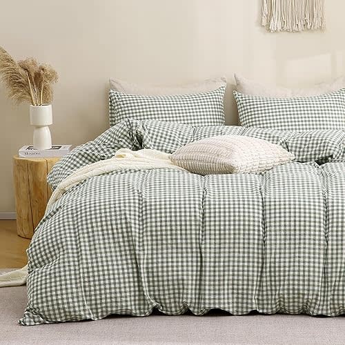 Green Gingham Duvet Cover Set Washed Cotton
