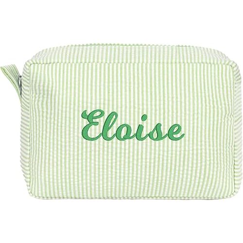 MT WORLD Personalized Makeup Bag Cute Cotton Cosmetic Bag for Women Seersucker Bridesmaid Travel Makeup Bag for Girls Aesthetic Toiletry Bag Organizer Storage Pouch (Green)
