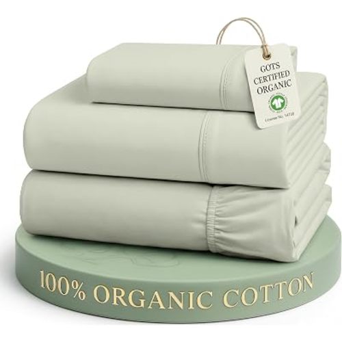 LANE LINEN 100% Organic Cotton Twin Sheets, Soft & Comfy Percale Weave Mercerized Fully Elasticized Reinforsed Seam Naturally Temperature Regulating Cotton Sheets Twin- Mineral