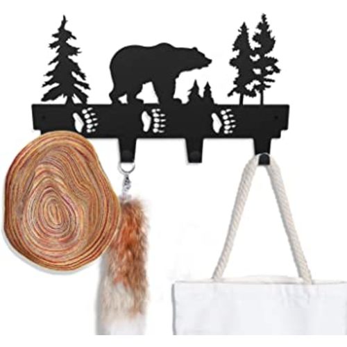 CoolPlus Coat Hooks Wall Mounted Entryway Dog Leash and Key Holder Clothes Hat Rack and Backpack Hanger Cabin Decor Metal Mural Art Bear Pattern Black Finish