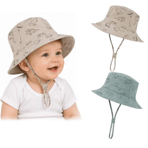 Zando 2-Pack Baby Sun Hats UPF 50+ Wide Brim Toddler Bucket Hats Adjustable Dinosaur Print Sun Protection Hat for Baby Boys Girls Dinosaur Green Dinosaur Khaki 3-6 Months