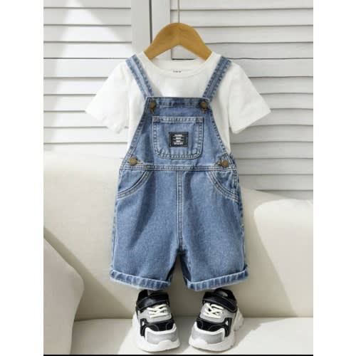 Baby Boys' Summer Casual Patched Detail Baggy Straight Leg Denim Overalls Jumpsuit Jeans Shorts Without Tee, For Spring/Summer Outfits,Kids Denim Romper for Sale Australia| New Collection Online| SHEIN Australia