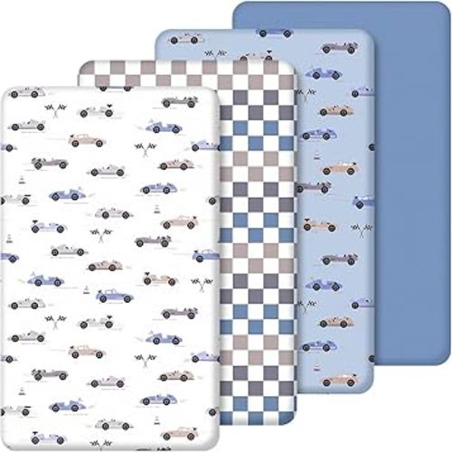 4 Pack Race Car Crib Fitted Sheet for Boys Girls - 52" x 28" Fitted Baby Sheet with Cars and Gingham Style for Standard Mattress Gift Set, Microfiber & Soft Breathable (Blue)