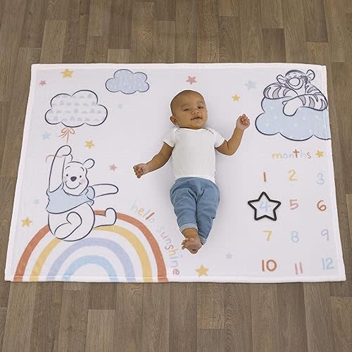 Disney Winnie The Pooh Multi Rainbow & White Super Soft Milestone Baby Blanket, Light Blue, White, Orange, Yellow