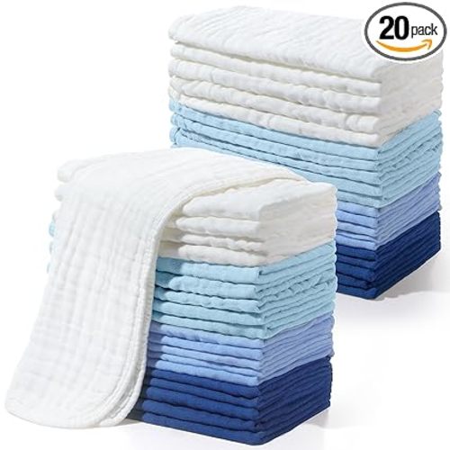 Buryeah Muslin 20 Pcs Burp Cloths Large 20" x 10" 100% Cotton 6 Layers Ultra Absorbent and Soft Hand Washcloths for Baby Drool and Messes Gentle Burp Cloth for Boys & Girls(Cool Colors)