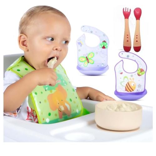 Baby & Toddler Essentials: 3 Gender Neutral Bibs with Temperature Sensitive Spoon and Fork - Washable, Removable/Detachable Food & Drool Catcher, Adjustable Snaps - Cartoon & Animal Graphics.