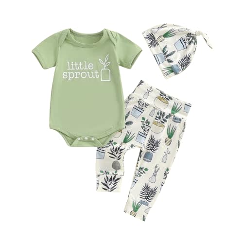 12-18M Chloefairy Newborn Baby Boy Girl Summer Clothes Little Sprout Romper Bodysuit Plants Pants Set 3Pcs Coming Home Outfit