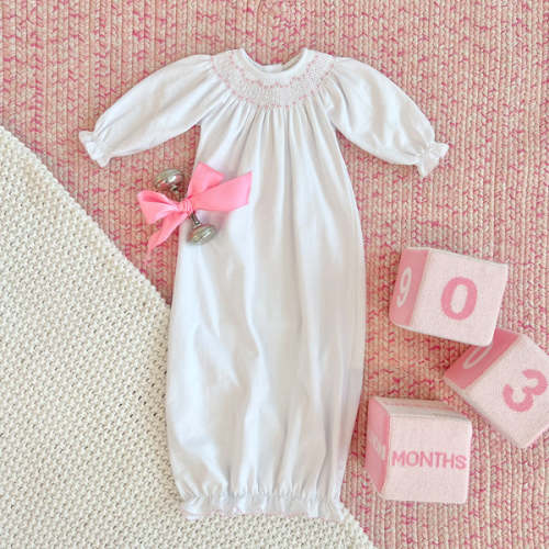 Sweetly Smocked Greeting Gown - Worth Avenue White with Palm Beach Pin