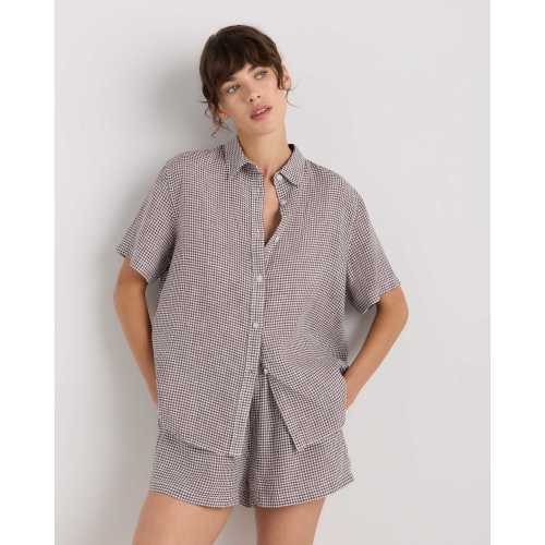 100% European Linen Shorts Pajama Set in Taupe Brown Gingham