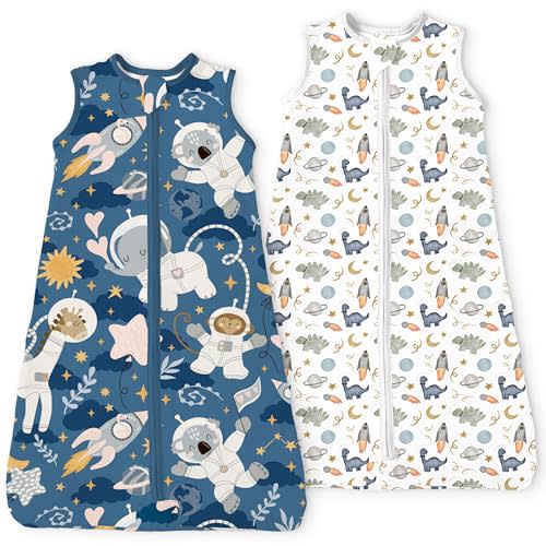 TOTBASIC Sleep Sack 6-15 Months, Summer Light Baby Wearable Blanket with 2-way Zippers, Premium Soft Breathable Sleeping Bag for 6-12-15 Months Baby, 2 Pack(Animal Spaces)