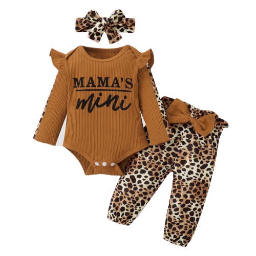 ZACPNCV Newborn Infant Baby Girl Clothes Long Sleeve Ruffle Romper Top Pants Set Toddler Baby Girl Outfits Headband Brown 6-9 Months