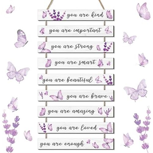 Burbell 9 Pcs Purple Butterfly Inspirational Wall Decor Butterfly Wall Art Girls Bedroom Decor Purple Wooden Hanging Art Signs Back to School Gifts for Girls Bedroom Living Room Kitchen Office