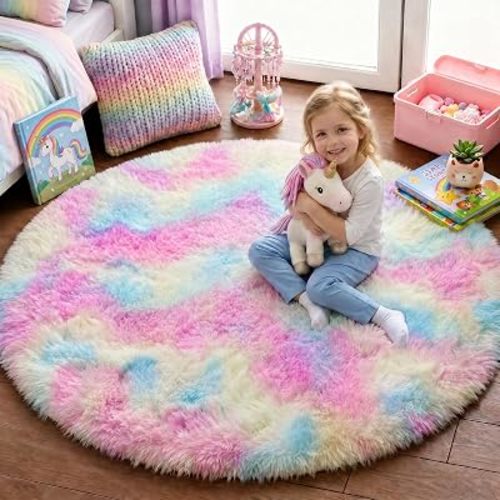Rainbow Unicorn Pastel Round Rug,Fluffy Colorful Rugs 4Ft for Girls Bedroom