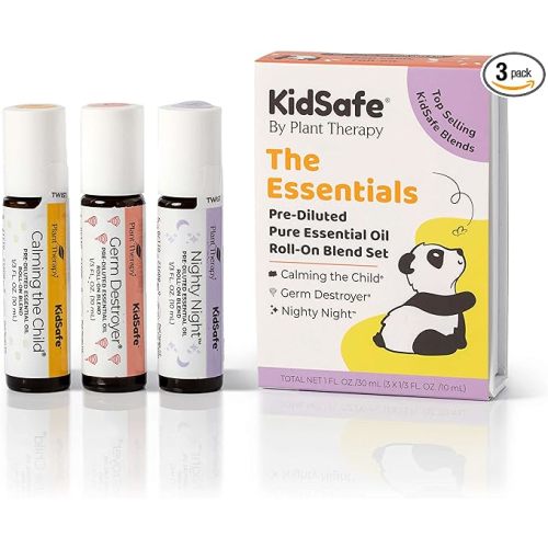 Plant Therapy KidSafe Essentials Roll-On Set 100% Pure, Therapeutic Grade Essential Oils Diluted in Coconut Oil 10 mL (1/3 oz) Each