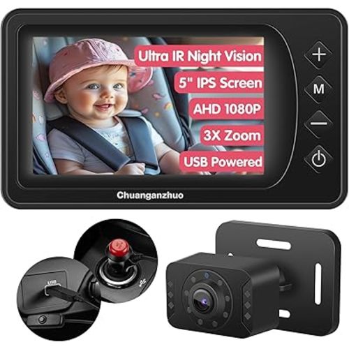 S100P Baby Car Camera with Ultra Night Vision, 5'' HD 1080P IPS Baby Car Monitor with 3X Zoom, Backseat/Carseat/Rear Seat Camera USB, Easy No-Damage Install, Safety for Infants and Pets (5inch Black)