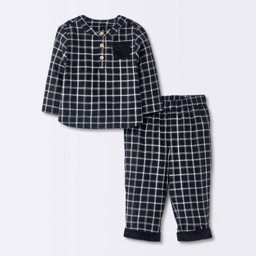 Baby Boys' Plaid Pocket Long Sleeve and Pants Set - Cloud Island™ Black 0-3M