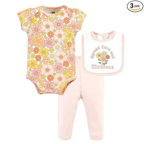 Hudson Baby Unisex Baby Cotton Bodysuit, Pant and Bib Set, Peace Love Flowers, 6-9 Months