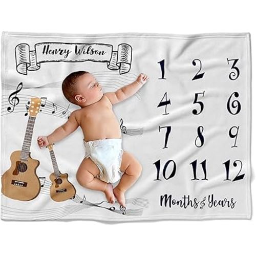 Personalized Musician Milestone Baby Blanket, Custom Guitar & Notes Growth Tracker, Monthly Musical Newborn Photography Backdrop, Soft Recording Studio Themed Swaddle Wrap