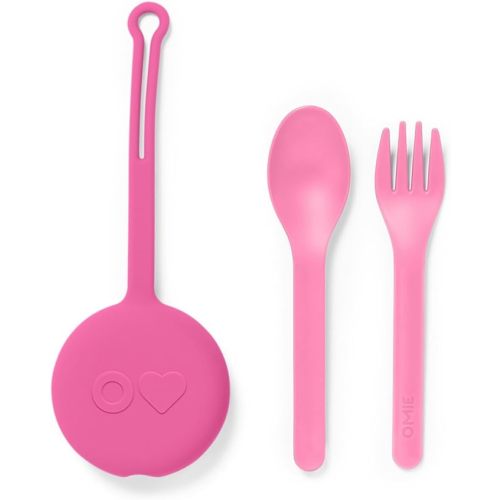 Omie OmieBox Kids Utensils Set with Case - 2 Piece Plastic, Reusable Fork and Spoon Silverware with Pod for Kids (Bubble Pink)