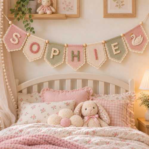 Personalized Embroidered Name Garland, Handmade Linen Baby Banner, Custom Nursery Decor, Baby Name Bunting, Baby Shower Gift