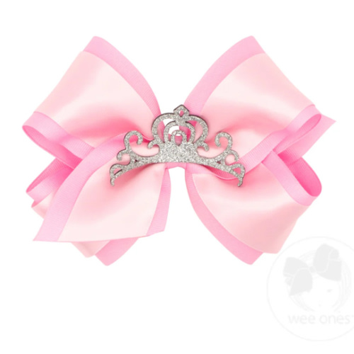 King Princess Grosgrain Hair Bow with Satin Overlay and Glitter Crown - PEARL | Wee Ones Hair Bows & Accessories